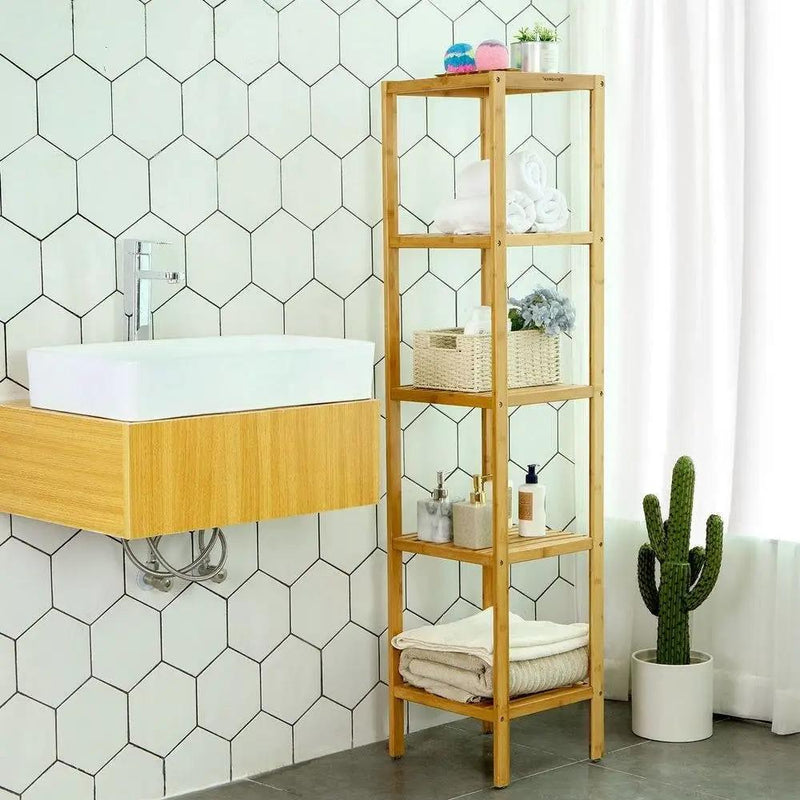 Slim 4-Shelf Natural Bamboo Wooden Shelving Unit Storage Rack Bookcase by HomePacific
