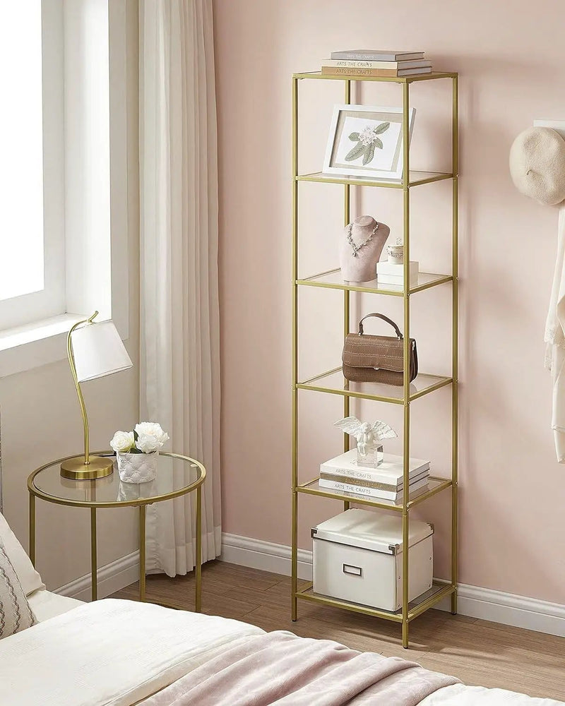 Narrow Glass Shelf Bookcase Bedroom Living Office Bath Storage Unit in Gold by HomePacific