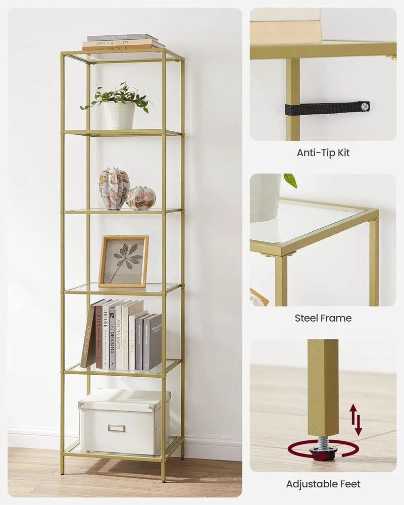 Narrow Glass Shelf Bookcase Bedroom Living Office Bath Storage Unit in Gold by HomePacific