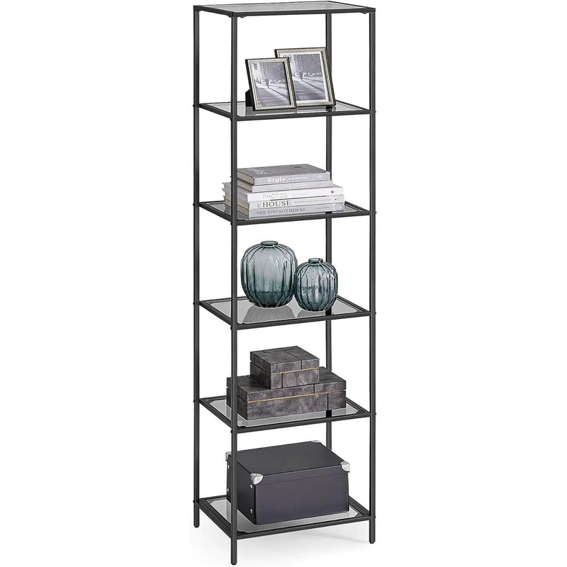 Narrow Glass Shelves Bookcase 5-Shelf Shelving Unit with Black Grey Metal Frame by HomePacific
