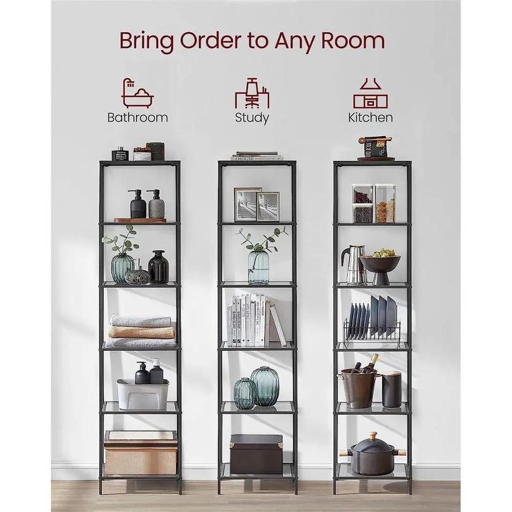 Narrow Glass Shelves Bookcase 5-Shelf Shelving Unit with Black Grey Metal Frame by HomePacific