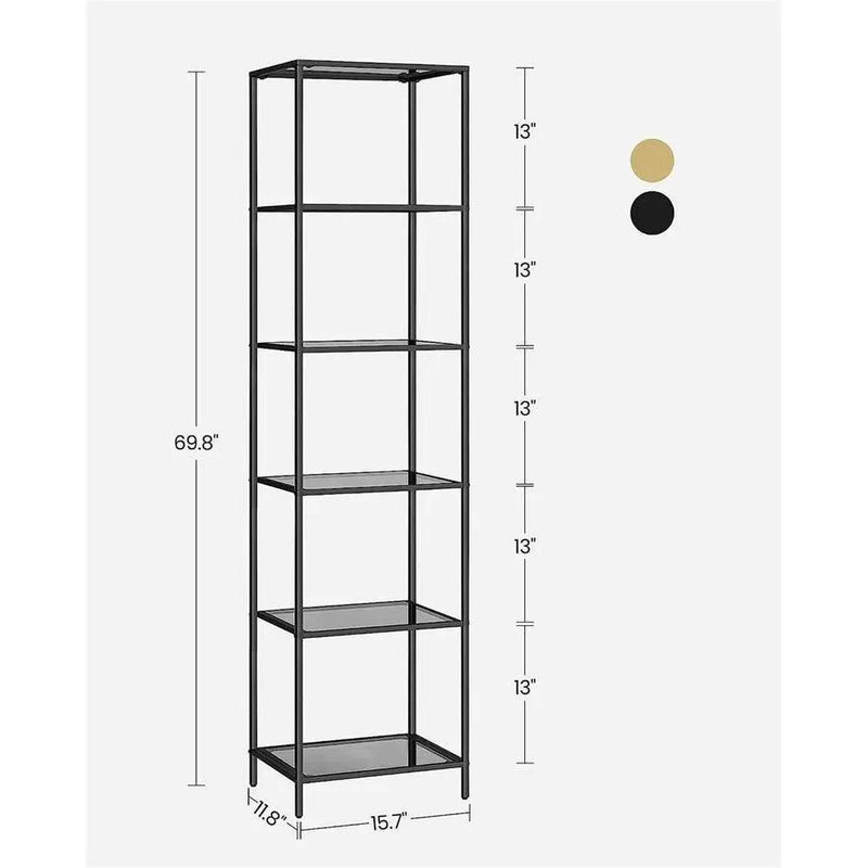 Narrow Glass Shelves Bookcase 5-Shelf Shelving Unit with Black Grey Metal Frame by HomePacific