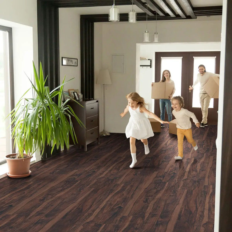 Glenridge Burnished Acacia Semi Gloss Quarter Round Wood Look Lvt Moldings 0.64x0.75 in a finished room