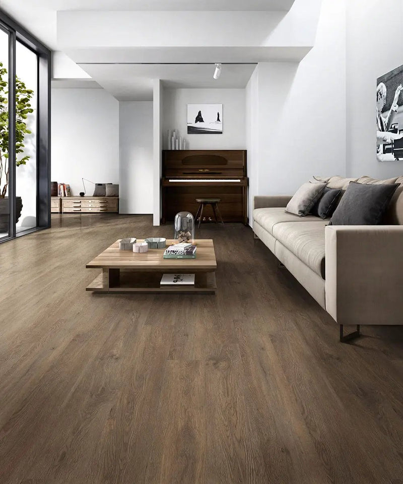 Glenridge Saddle Oak Semi Gloss End Cap Wood Look Lvt Moldings 1.5x0.25 in a finished room