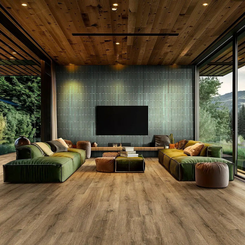 Kallum Walnut Waves Matte Wood Look Lvt Planks 9x48 in a finished room