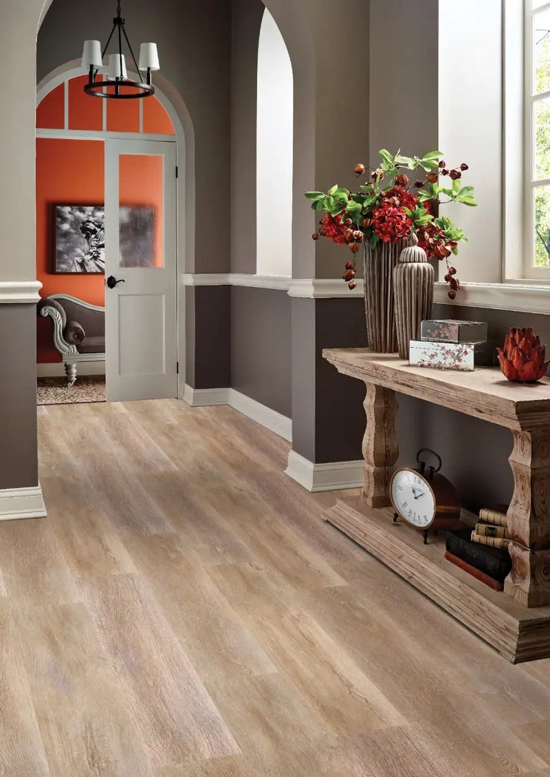Smithcliffs Brockton Semi Gloss Stair Riser Wood Look Rigid Core Moldings 1.77x0.345 in a finished room