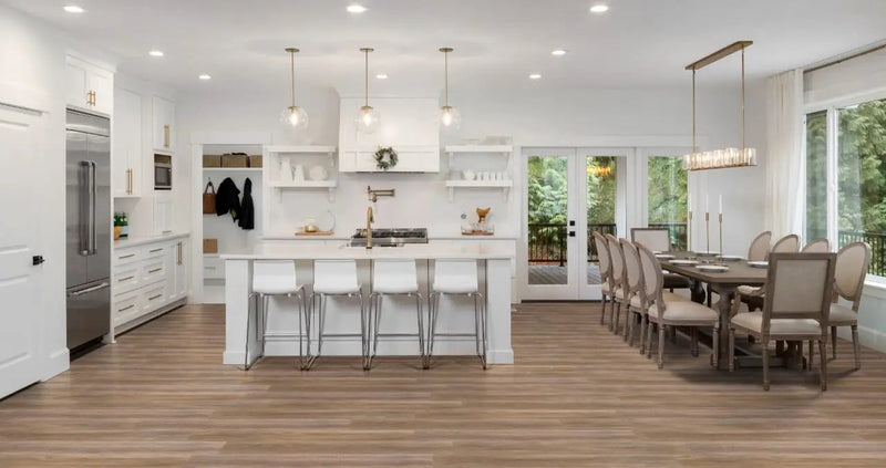 Smithcliffs Brockton Semi Gloss End Cap Wood Look Rigid Core Moldings 1.5x0.25 in a finished room