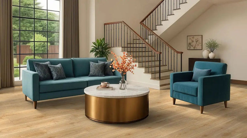 Smithcliffs Cloudland Semi Gloss Flush Stair Nose End Cap Wood Look Rigid Core Moldings in a finished room
