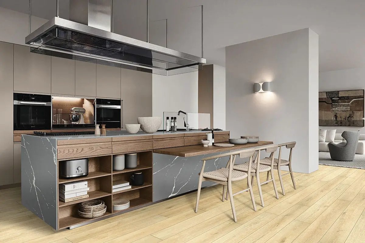 Smithcliffs Lanston Oak Semi Gloss End Cap Wood Look Rigid Core Moldings 1.5x0.25 in a finished room
