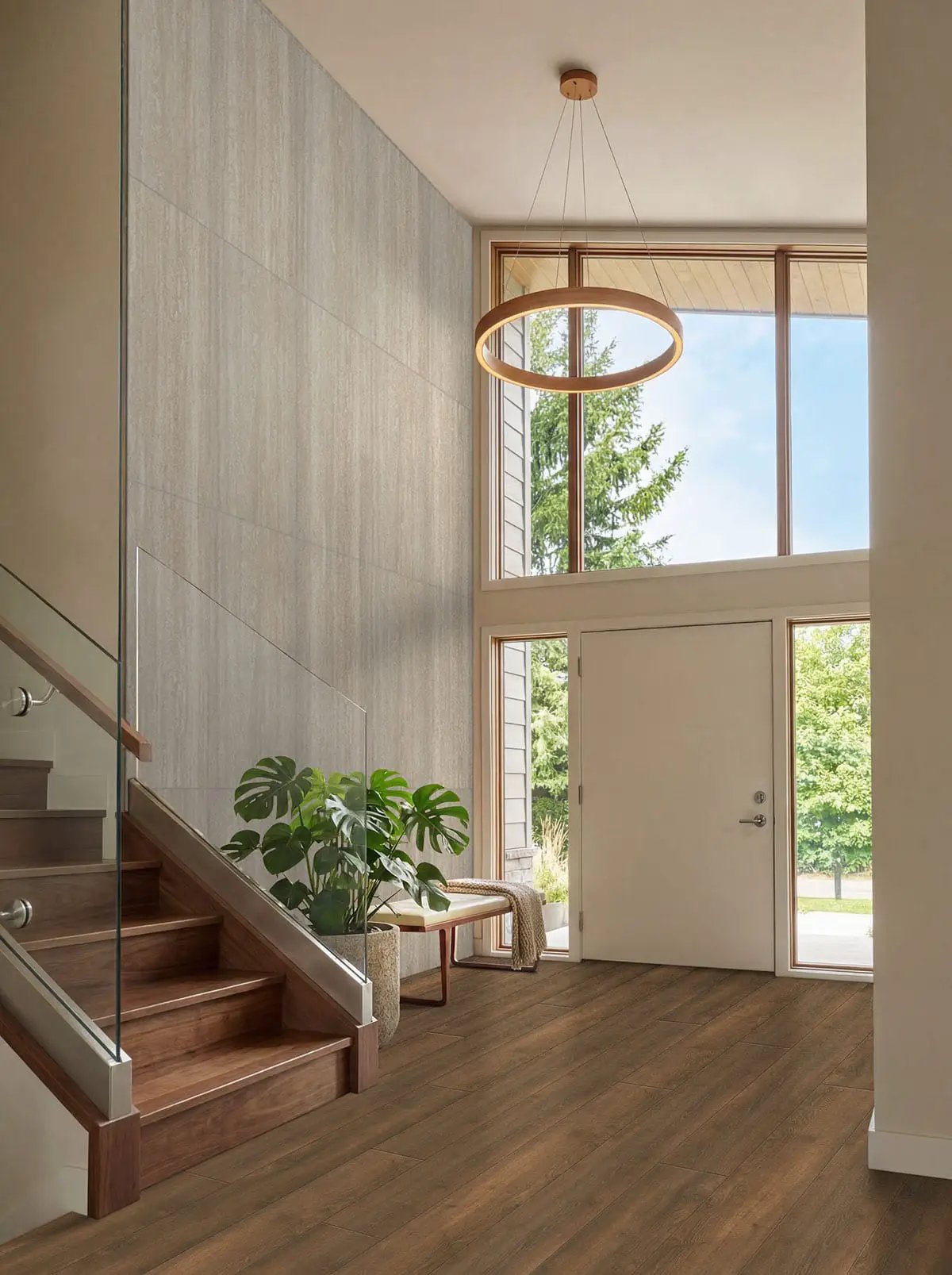 Shorecliffs Roghan Semi Gloss Flush Stair Nose End Cap Wood Look Rigid Core Moldings 4.53x0.94 in a finished room