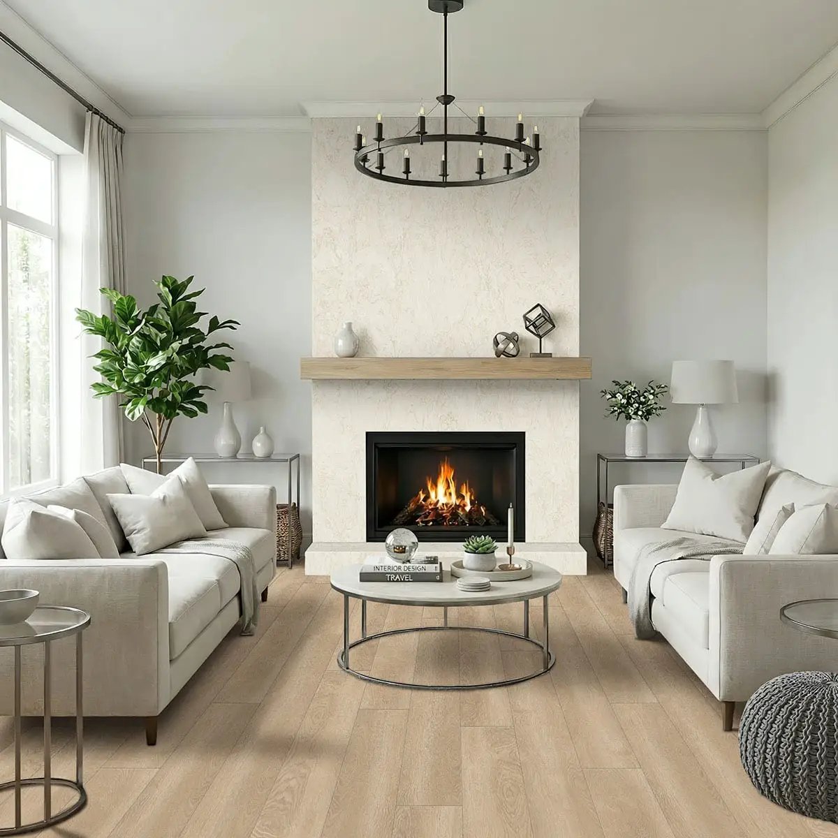 Shorecliffs Schertz Oaks Semi Gloss Quarter Round Wood Look Rigid Core Moldings 0.64x0.75 in a finished room