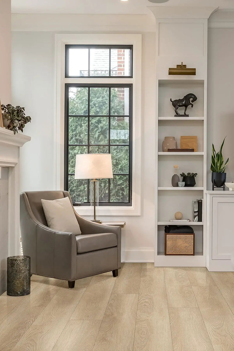 Shorecliffs Schertz Oaks Semi Gloss End Cap Wood Look Rigid Core Moldings 1.5x0.25 in a finished room