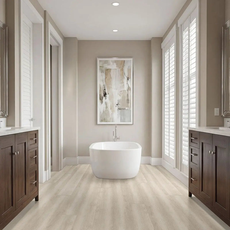 Shorecliffs Sunny Shake Semi Gloss Flush Stair Nose Wood Look Rigid Core Moldings 4.53x0.94 in a finished room