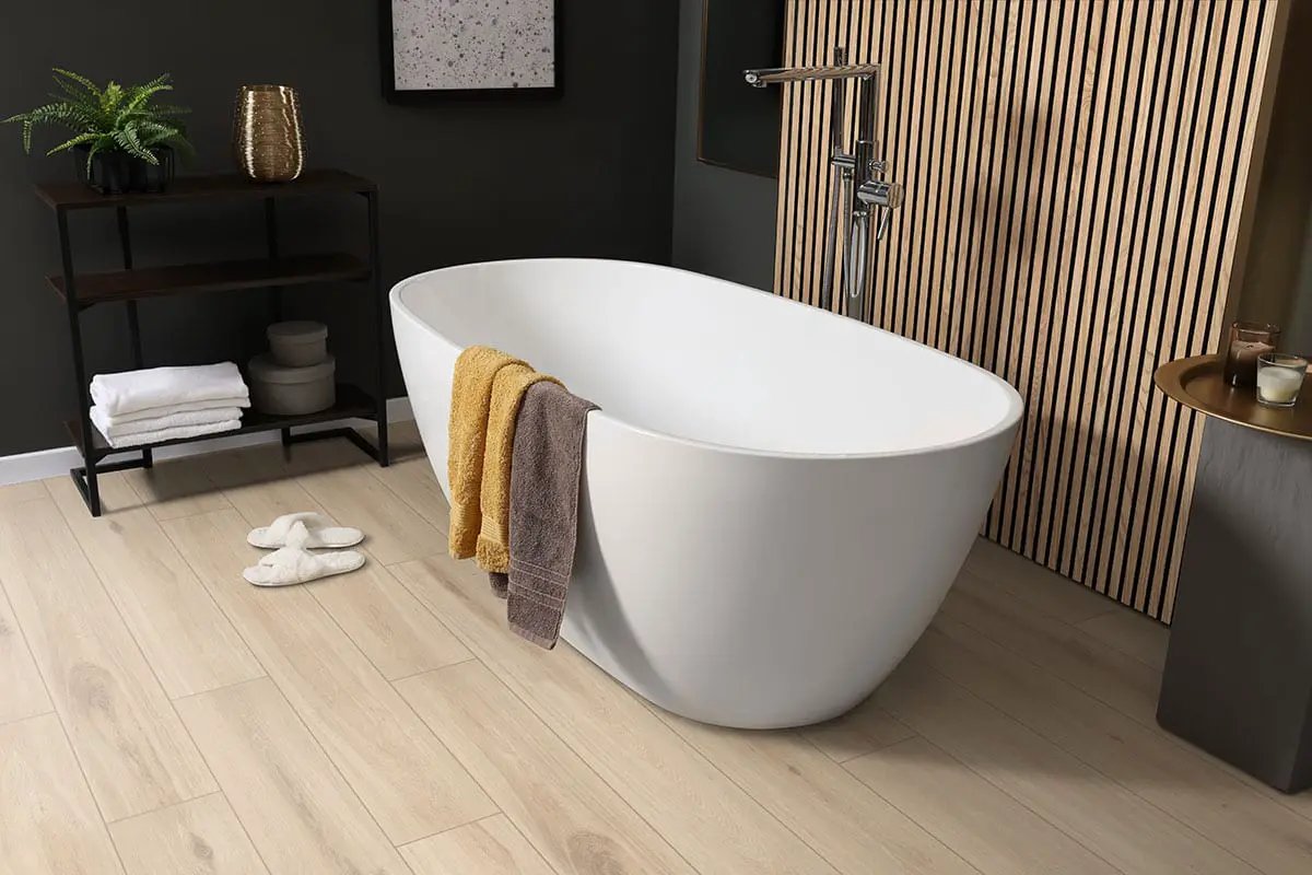 Smithcliffs Sunnyvale Semi Gloss Quarter Round Wood Look Rigid Core Moldings in a finished room