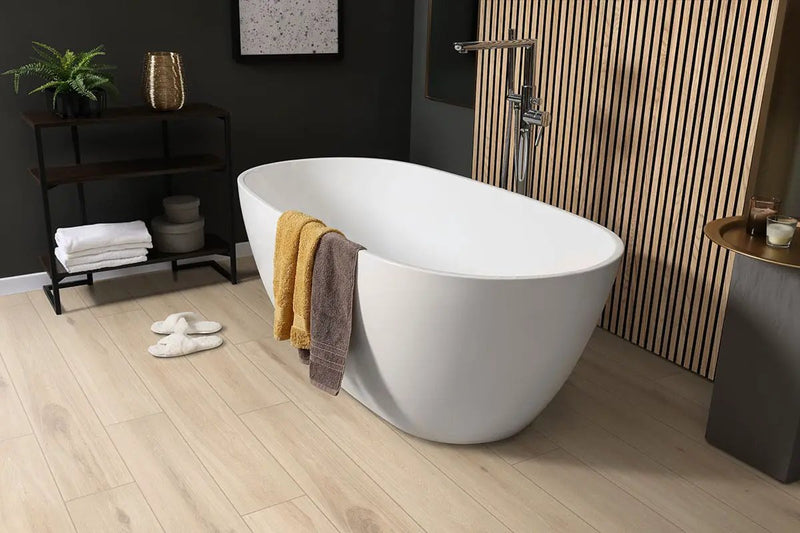 Smithcliffs Sunnyvale Semi Gloss Quarter Round Wood Look Rigid Core Moldings in a finished room