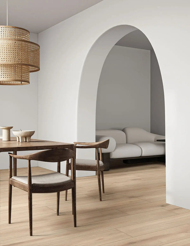 Smithcliffs Sunnyvale Semi Gloss T Molding Wood Look Rigid Core Moldings in a finished room