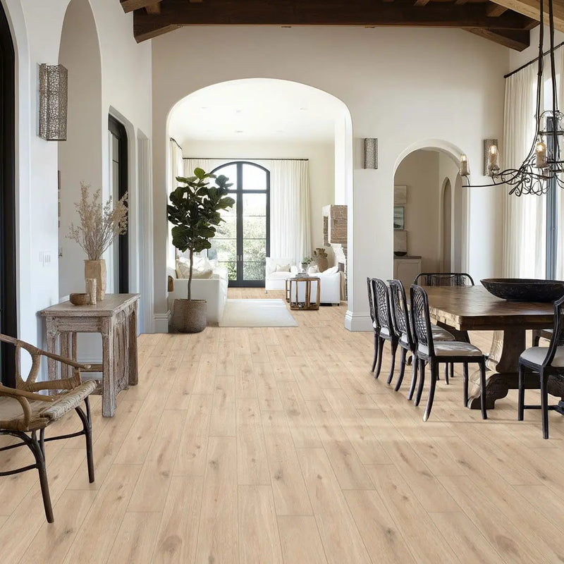 Smithcliffs Sunnyvale Semi Gloss T Molding Wood Look Rigid Core Moldings in a finished room