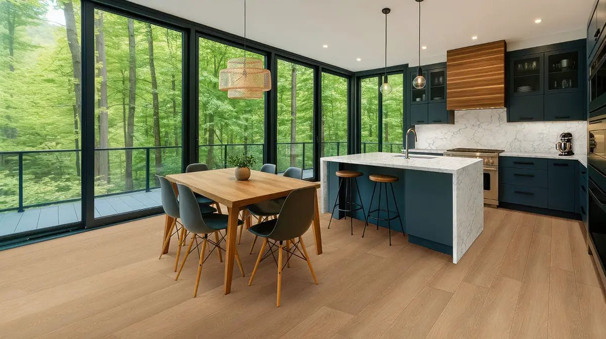 Shorecliffs Wallingford Blonde Semi Gloss End Cap Wood Look Rigid Core Moldings 1.5x0.25 in a finished room