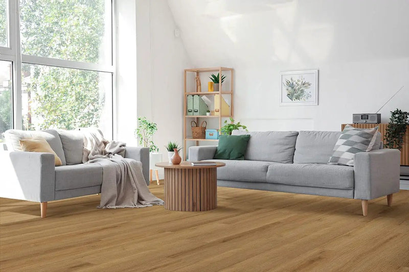 Cyrus 2.0 Amber Forrester Semi Gloss End Cap Wood Look Lvt Moldings 1.5x0.25 in a finished room