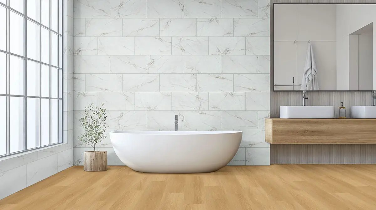Laurel Bayside Buff Semi Gloss Quarter Round Wood Look Lvt Moldings 0.64x0.75 in a finished room