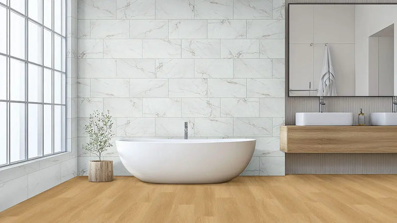 Laurel Bayside Buff Semi Gloss Wood Look Lvt Moldings 12x1.25 1.25 inch in a finished room