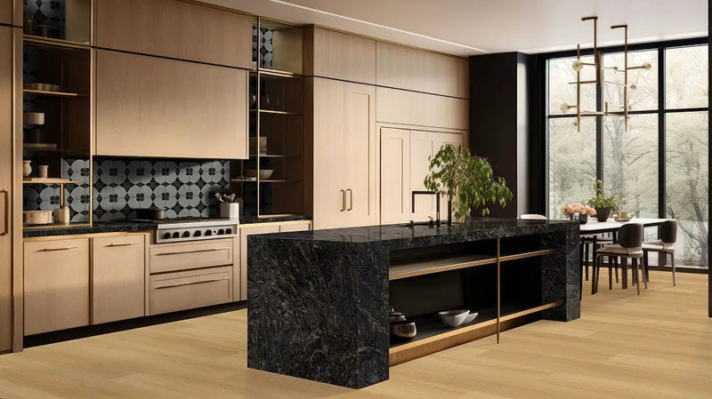 Laurel Bayside Buff Semi Gloss Wood Look Lvt Moldings 12x1.25 0.18 inch in a finished room