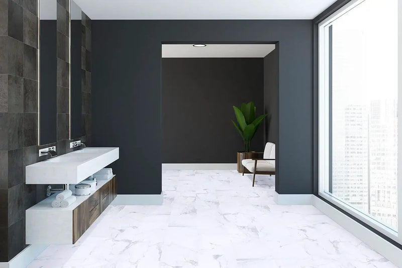 Trecento Calacatta Legend Semi Gloss T Molding Marble Look Lvt Moldings 1.77x0.28 in a finished room