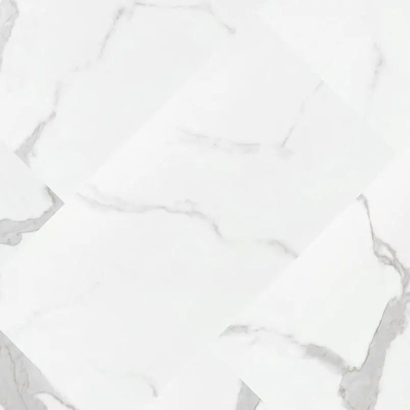 Trecento Calacatta Marbello Semi Gloss End Cap Lvt Moldings 1.5x0.25 angled view