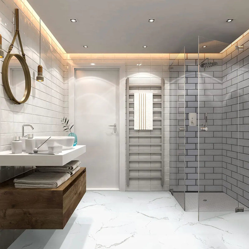 Trecento Calacatta Serra Semi Gloss Stair Riser Marble Look Lvt Moldings 2.23x1.03 in a finished room