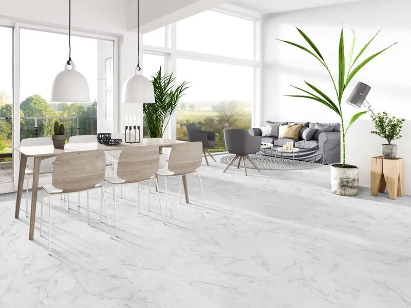 Trecento Carrara Avell Marble Look Lvt Tiles 12x24 in a finished room