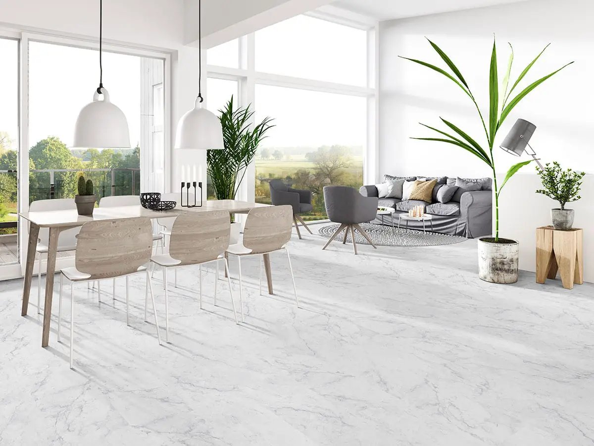Trecento Carrara Avell Semi Gloss Flush Stair Nose Marble Look Lvt Moldings 2.75x0.75 in a finished room