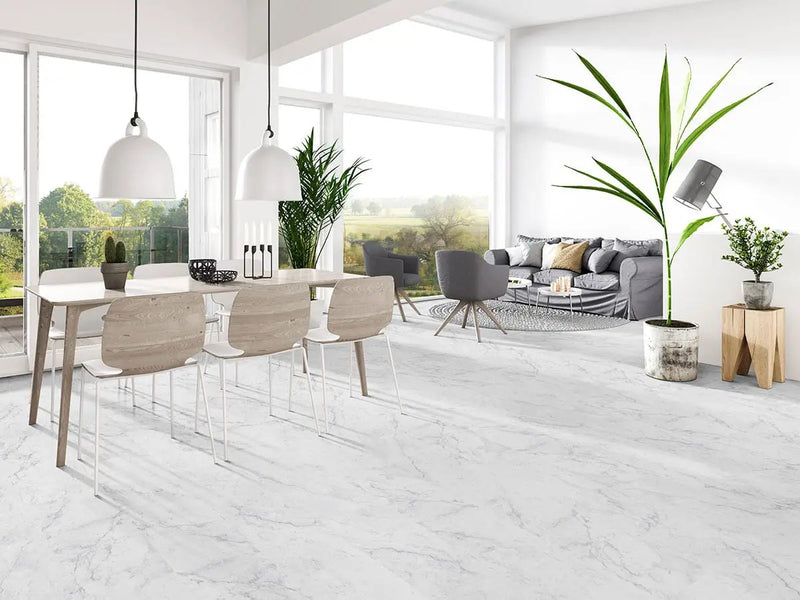 Trecento Carrara Avell Semi Gloss Quarter Round Marble Look Lvt Moldings 0.64x0.75 in a finished room