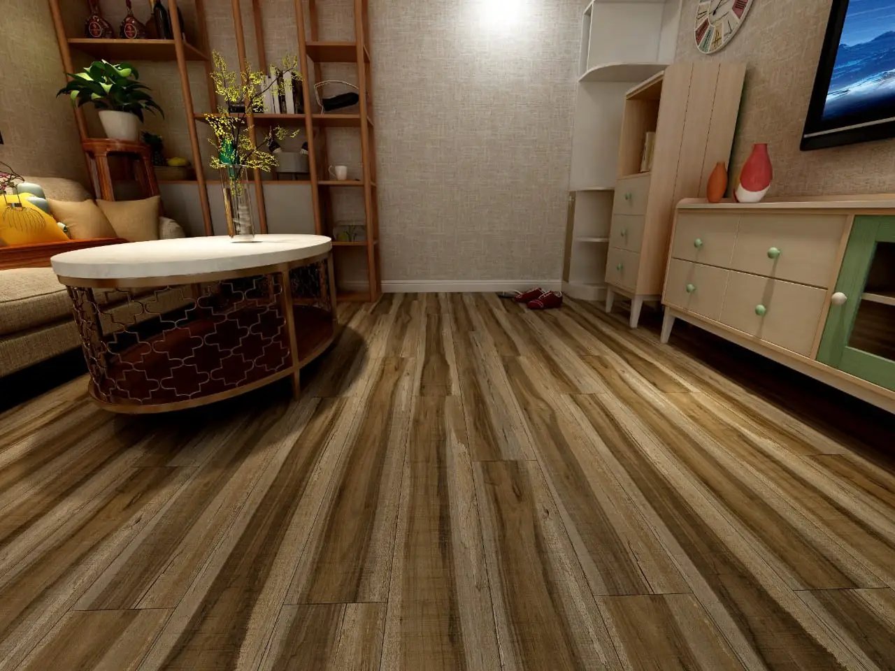 Cyrus Exotika Semi Gloss Quarter Round Wood Look Lvt Moldings 0.64x0.75 in a finished room