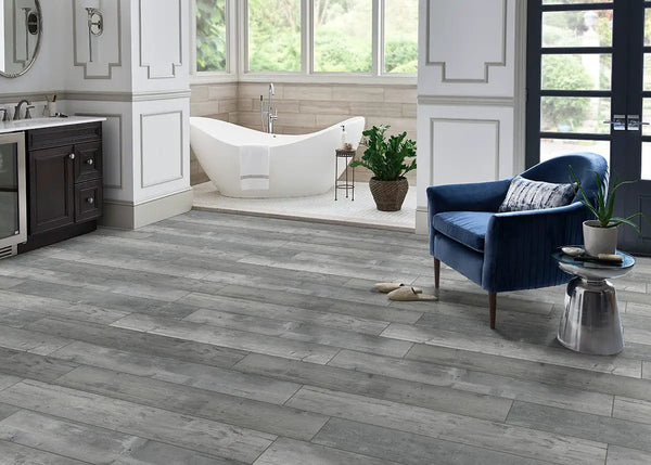 Andover Kingsdown Gray Semi Gloss Quarter Round Wood Look Lvt Moldings 0.64x0.75 in a finished room