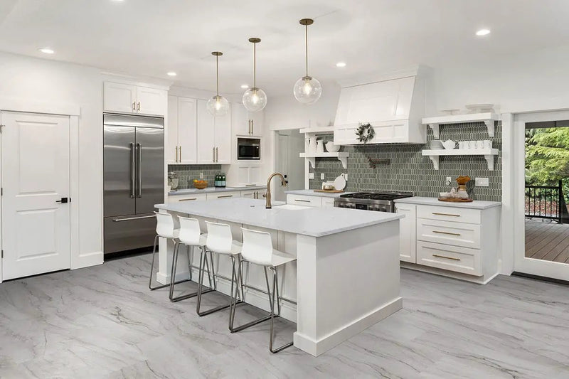 Trecento Quarzo Taj Semi Gloss End Cap Marble Look Lvt Moldings 1.5x0.25 in a finished room