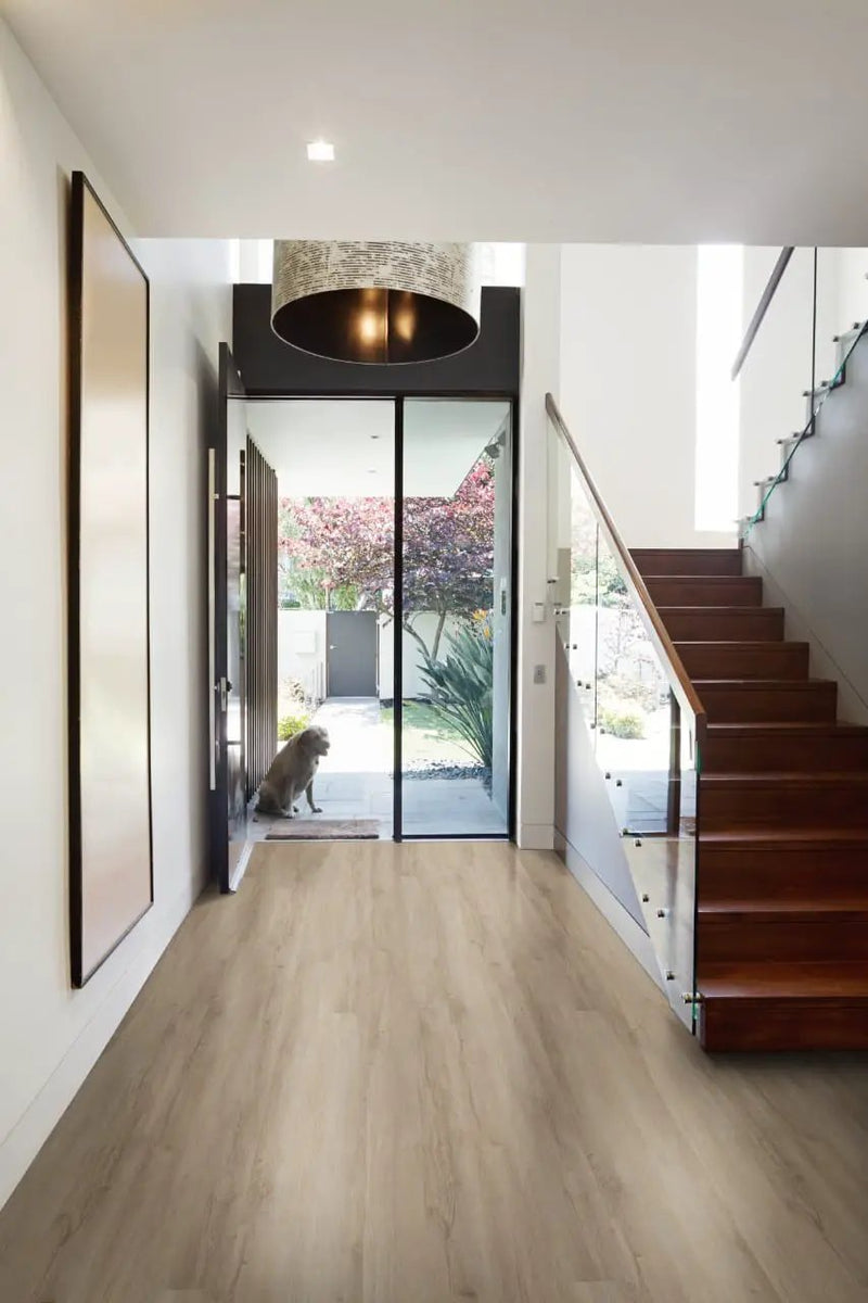 Cyrus Sandino Semi Gloss Flush Stair Nose Wood Look Lvt Moldings 2.75x0.75 in a finished room