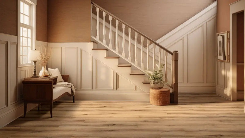 Laurel Scandi Semi Gloss Stair Riser Wood Look Lvt Moldings 1.59x0.18 in a finished room