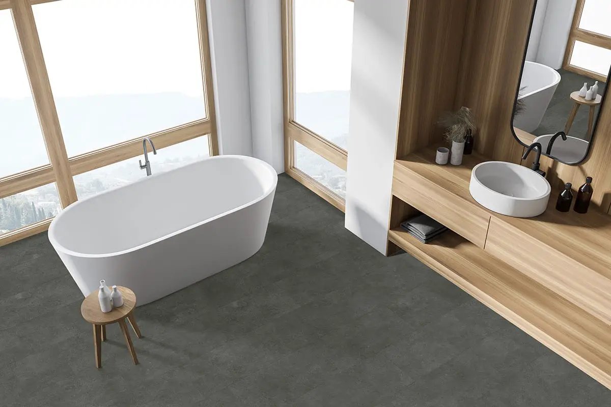 Trecento Stormbound Semi Gloss Overlap Stair Nose Stone Look Lvt Moldings 2.23x1.03 in a finished room