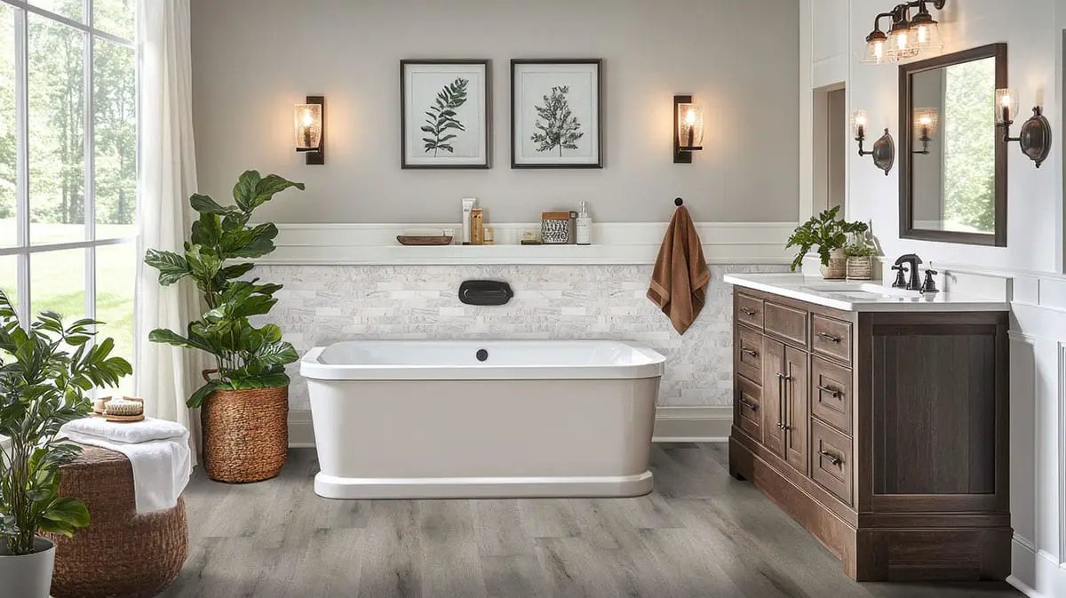 Smithcliffs Avery Ash Semi Gloss Quarter Round Wood Look Rigid Core Moldings 0.64x0.75 in a finished room