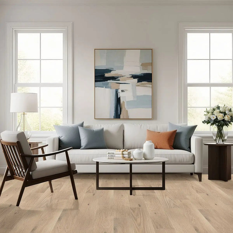 Woodhills Bali Buff Oak Wood Semi Gloss End Cap Look Moldings 1.5x0.52 in a finished room