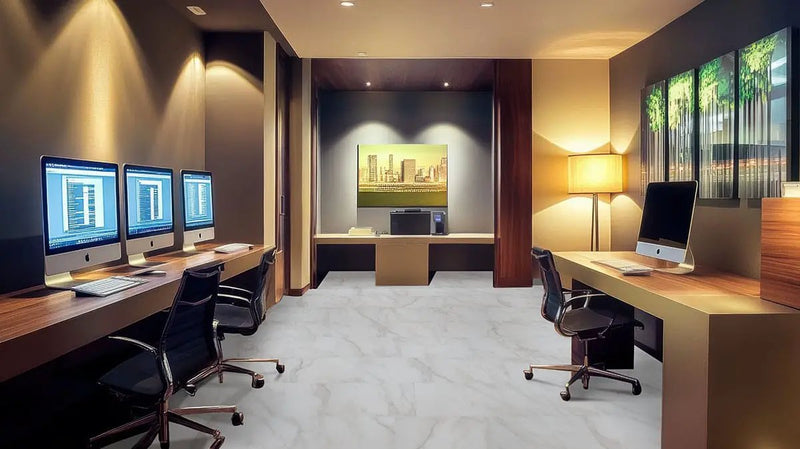 Trecento Calacatta Venosa Gold Semi Gloss Quarter Round Marble Look Lvt Moldings 0.64x0.75 in a finished room