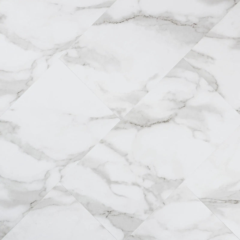 Trecento Calacatta Venosa Gold Semi Gloss Flush Stair Nose Marble Look Lvt Moldings 2.75x0.75 angled view