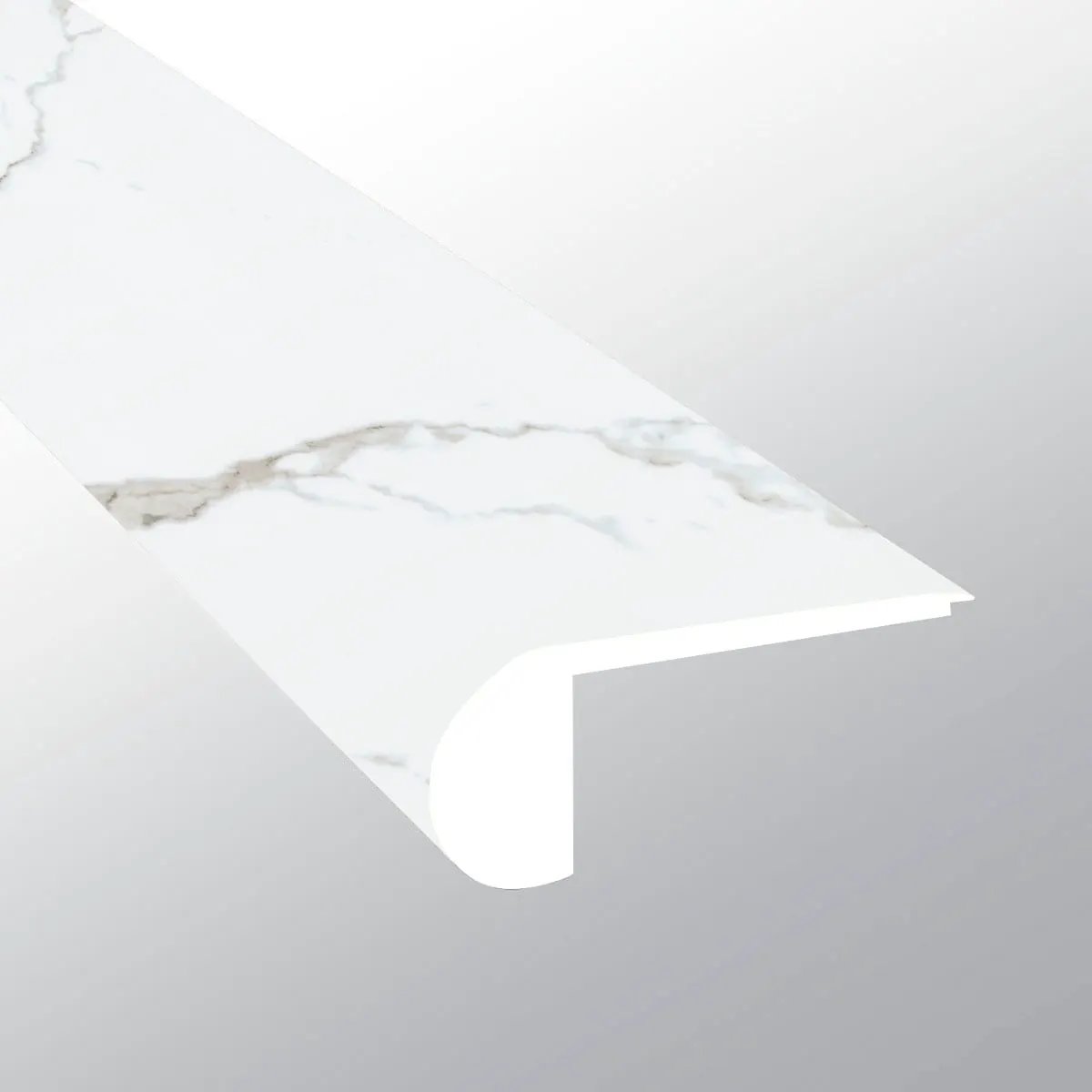 Trecento Calacatta Serra Semi Gloss Flush Stair Nose Marble Look Lvt Moldings 2.75x0.75 close up