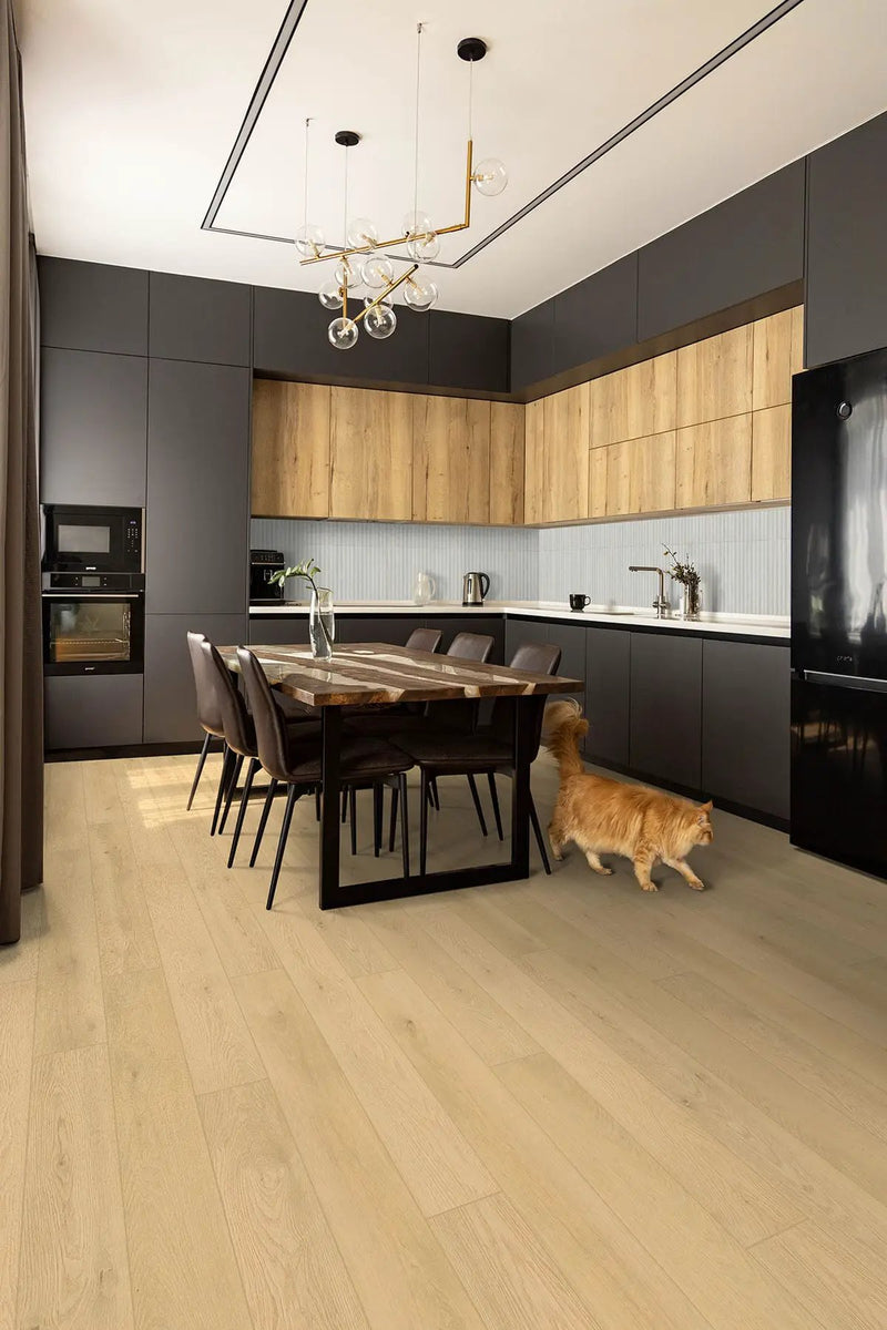 Smithcliffs Doverville Semi Gloss Overlap Stair Nose Wood Look Rigid Core Moldings in a finished room