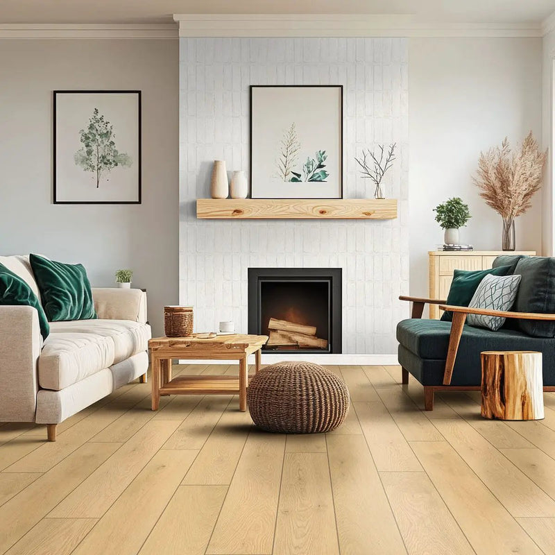 Smithcliffs Doverville Semi Gloss Flush Stair Nose Wood Look Rigid Core Moldings in a finished room