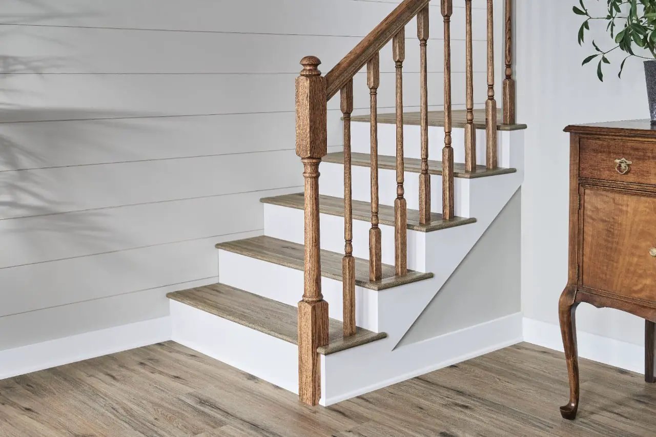 Cyrus Fauna Semi Gloss Flush Stair Nose End Cap Wood Look Lvt Moldings 2.75x0.75 in a finished room