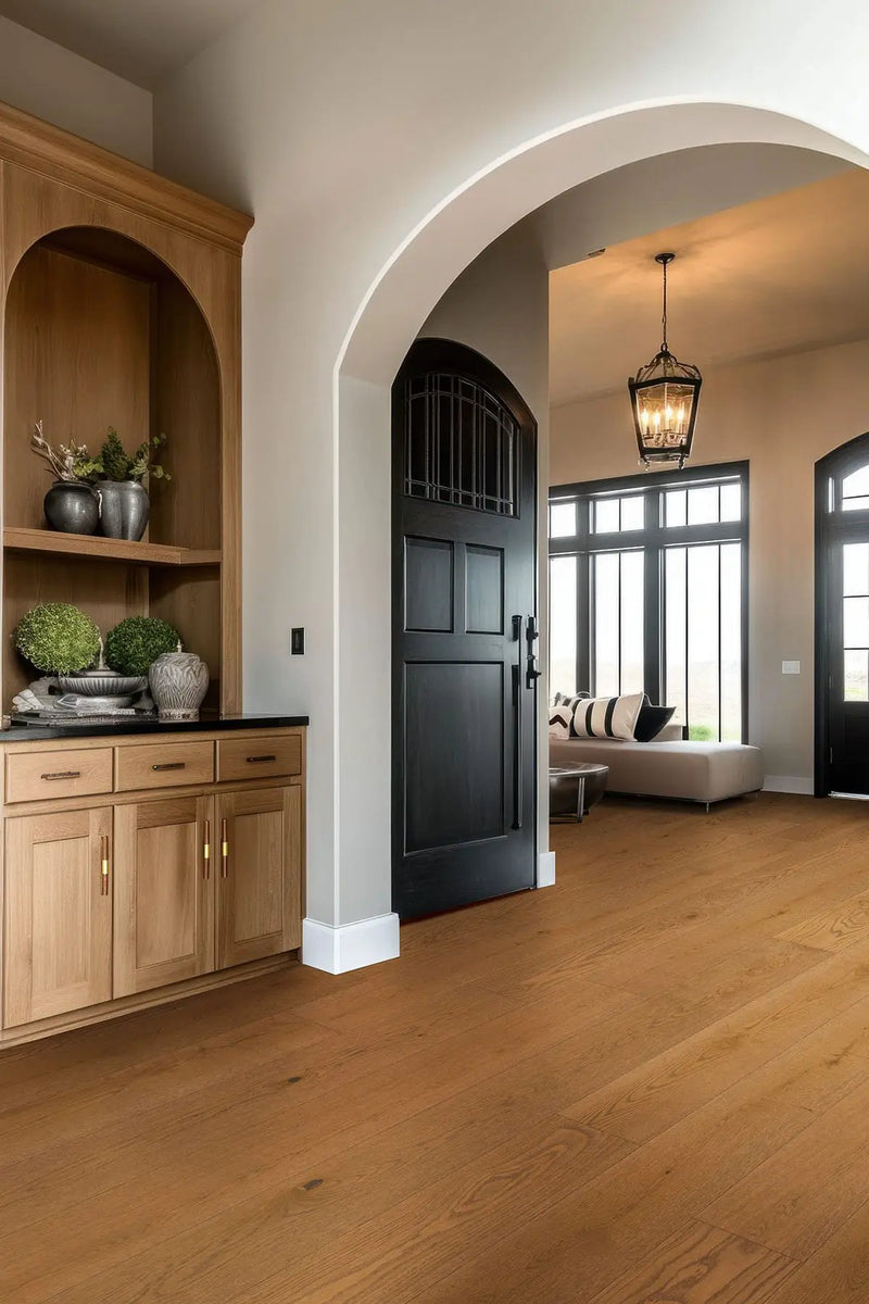 Mccarran Scarborough Buff Brushed End Cap Wood Look Moldings 2x0.63 in a finished room