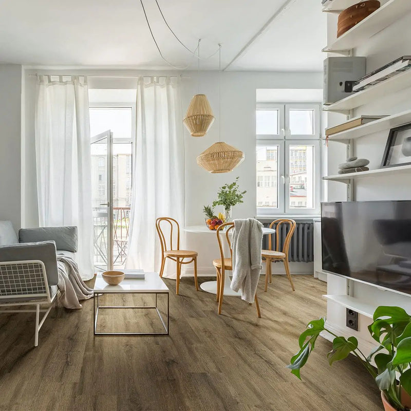 Cyrus Walnut Waves Semi Gloss End Cap Wood Look Lvt Moldings 1.5x0.25 in a finished room