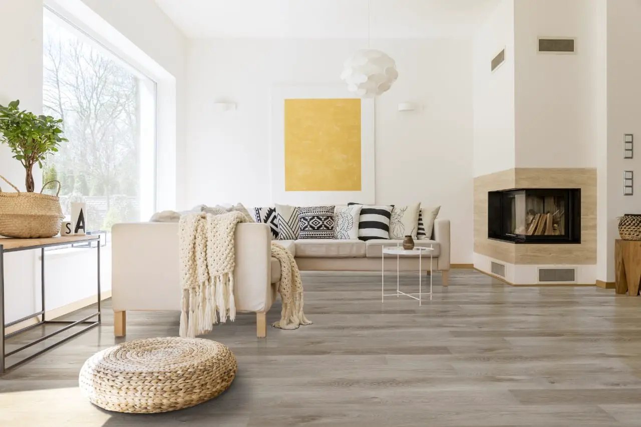 Cyrus Whitfield Gray Semi Gloss End Cap Wood Look Lvt Moldings 1.5x0.25 in a finished room