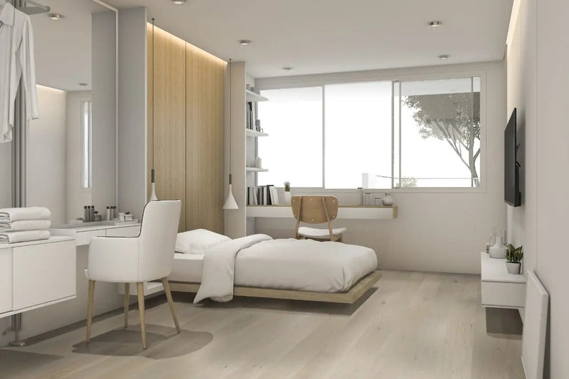 Woodhills Aaron Blonde Oak Wood Semi Gloss Quarter Round Look Moldings 0.64x0.75 in a finished room